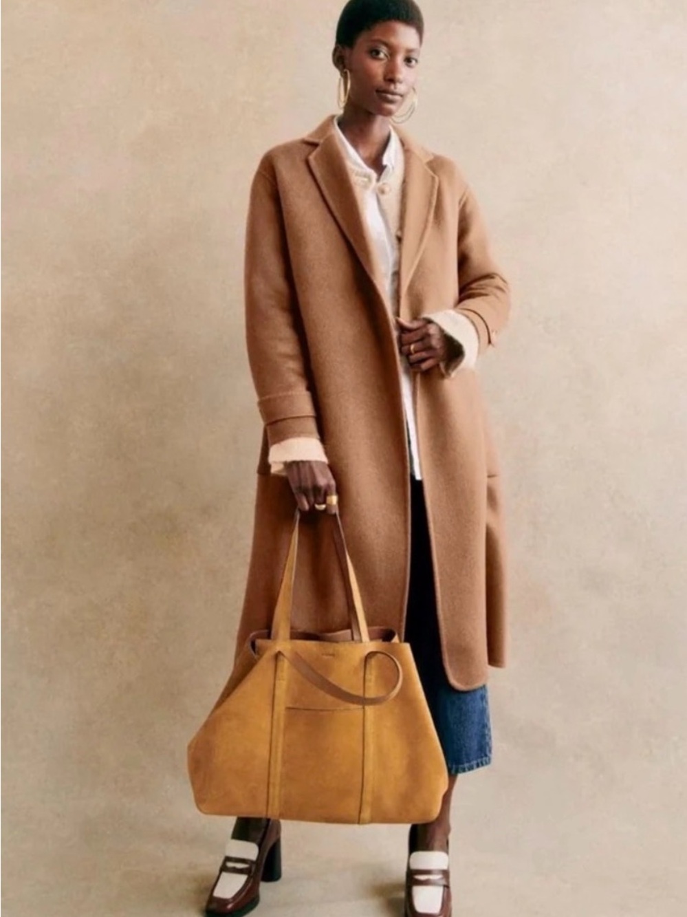 NWT Sezane Mederick Belted Wool Coat, Camel, US4, FR 36.